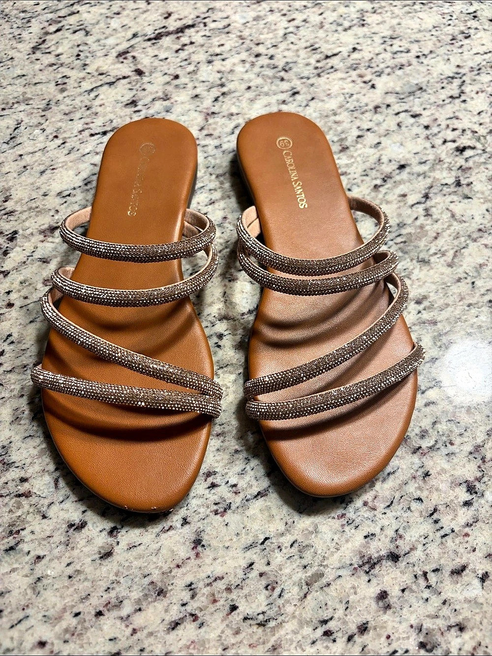Carolina Santos Rhinestone Strap Sandals in Brown EU 39 Like New